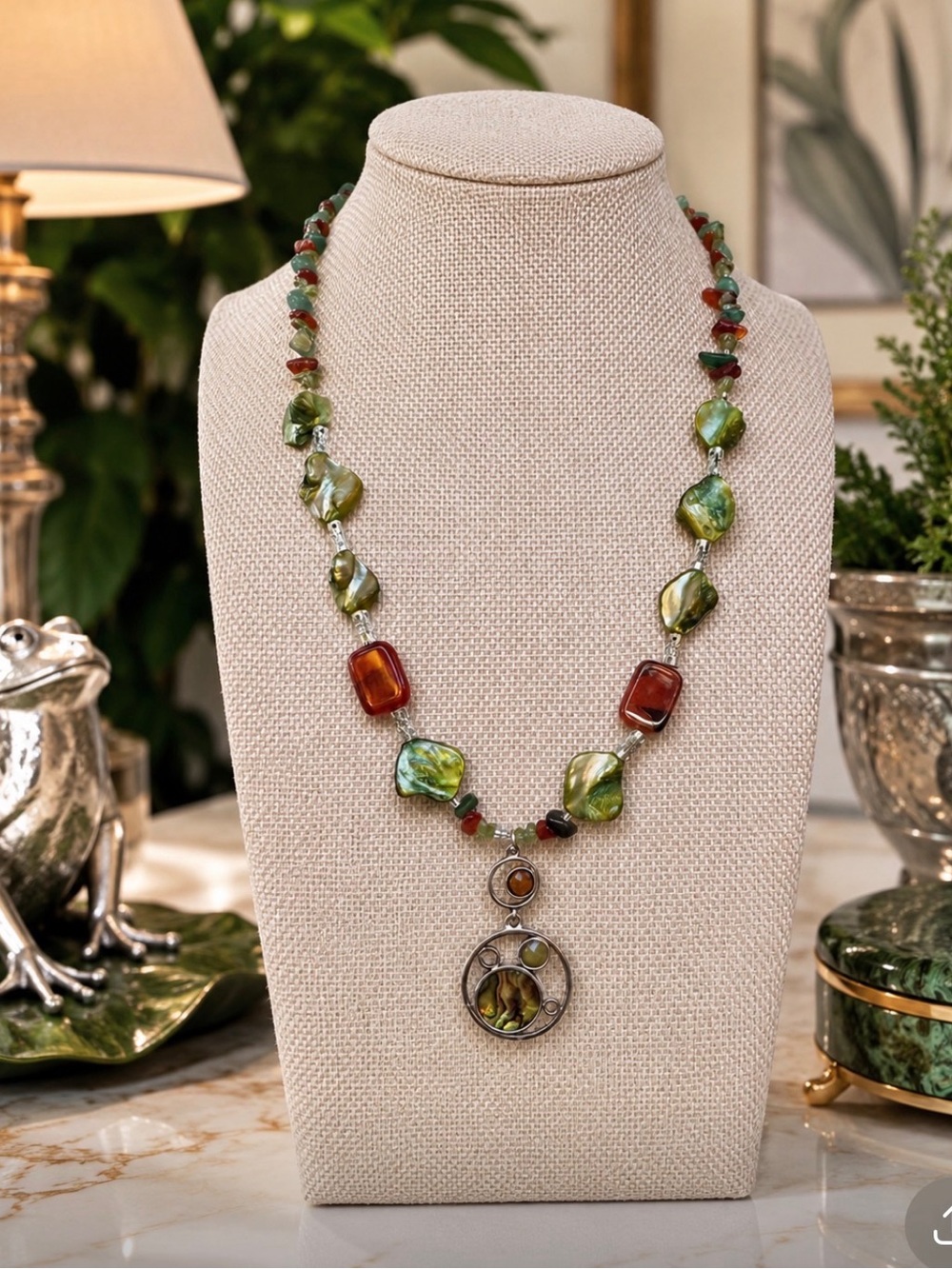 Artisan Green Mother of Pearl, Peridot, Carnelian & Aventurine Pendant Necklace